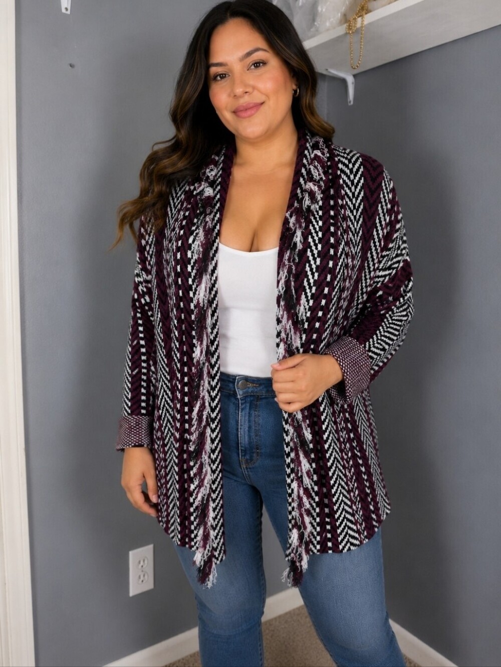 Etcetera Burgundy, Black & White Chevron Open-Front Cardigan